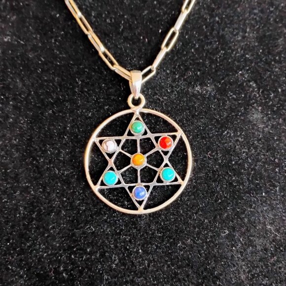 Unique 7 Chakras Gemstone Pendant Necklace Sterling Silver Star of David 17" - Picture 1 of 7